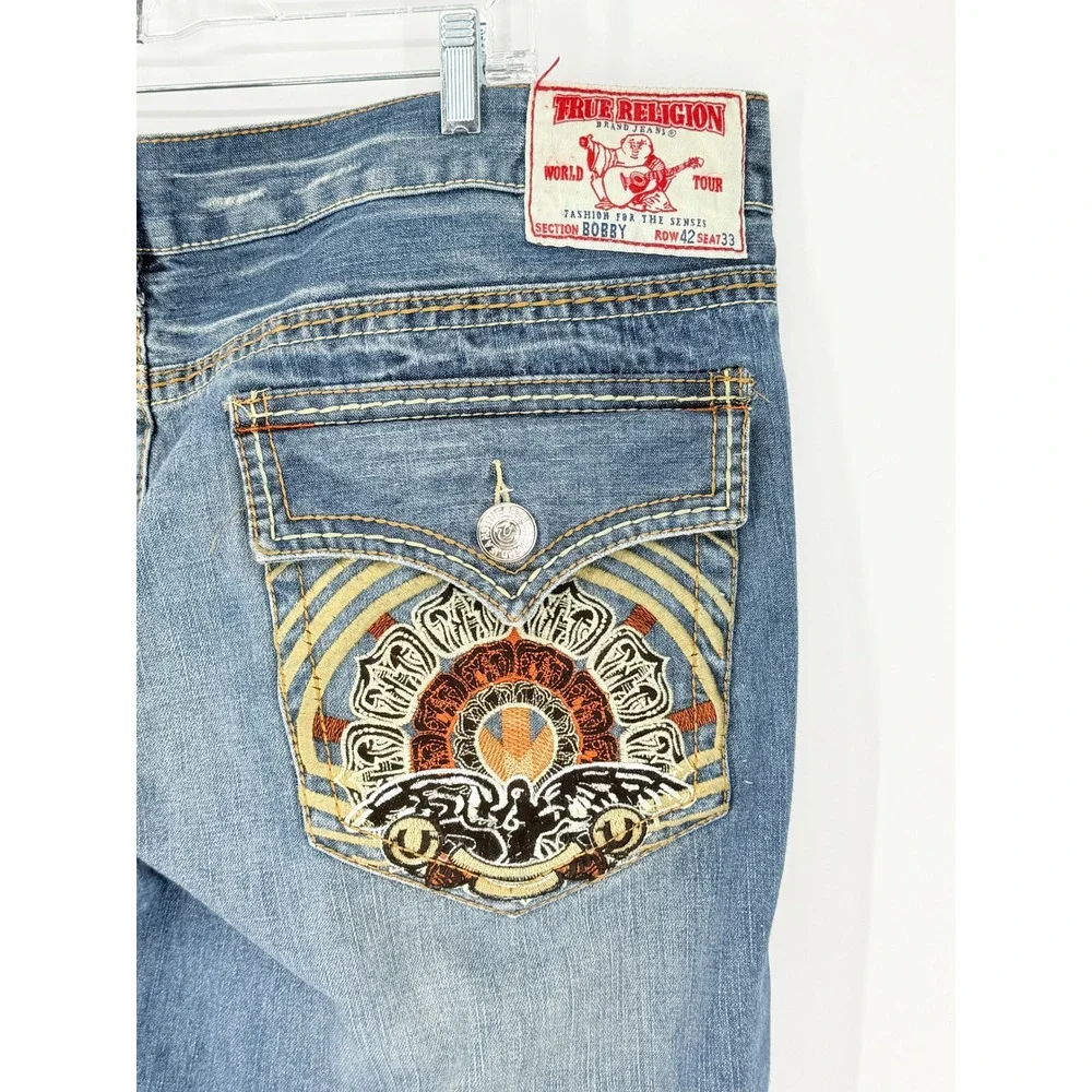 Vintage True Religion Bobby Mens Blue Straight Leg Embroidered Eagle Jeans 46x29
